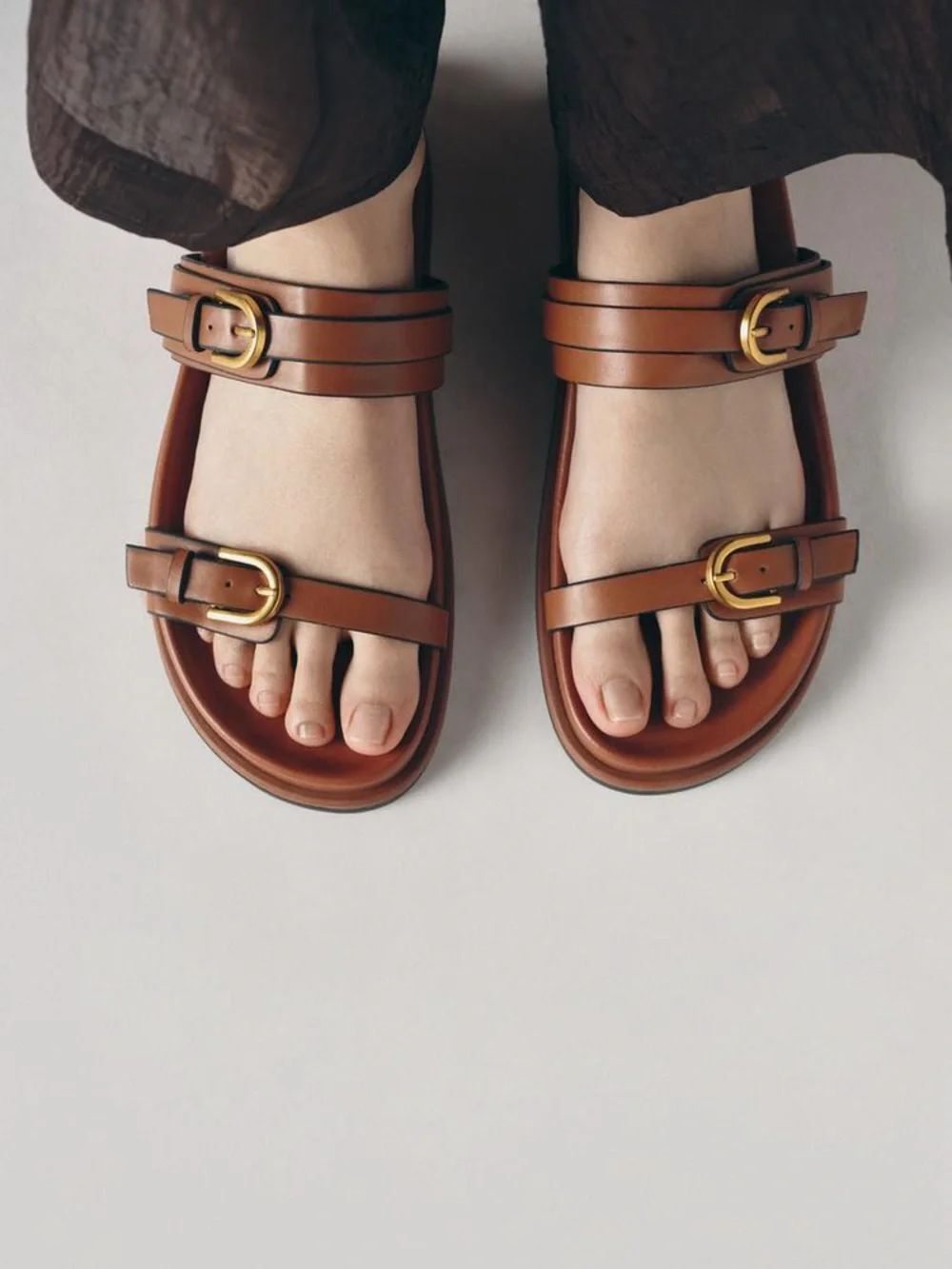 Zara Vegan Leather Sandals Double Strap & Gold Tone Buckles